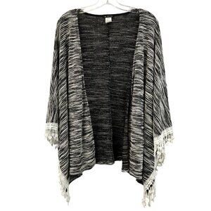 In Style Womens Open Front Black/Ivory Marled Kimono Cardigan Crochet Trim S/M